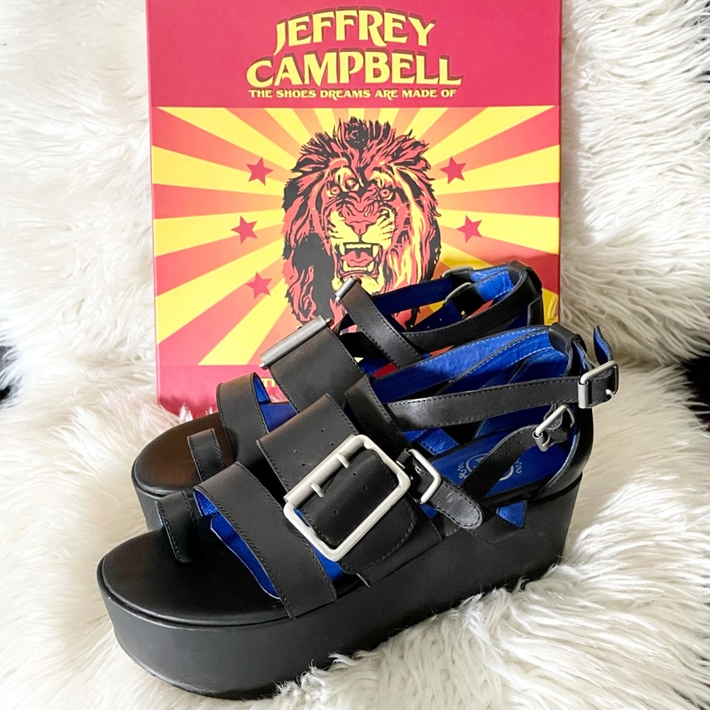 Jeffrey Campbell Laica Buckled Platform Sandals 9, Black Strappy Sandals, Punk